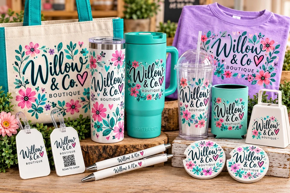 Willow & Co. Boutique branded merchandise collection: tote bag, tumblers, bag tags, pens, can cooler, t-shirt, car coasters and cowbell