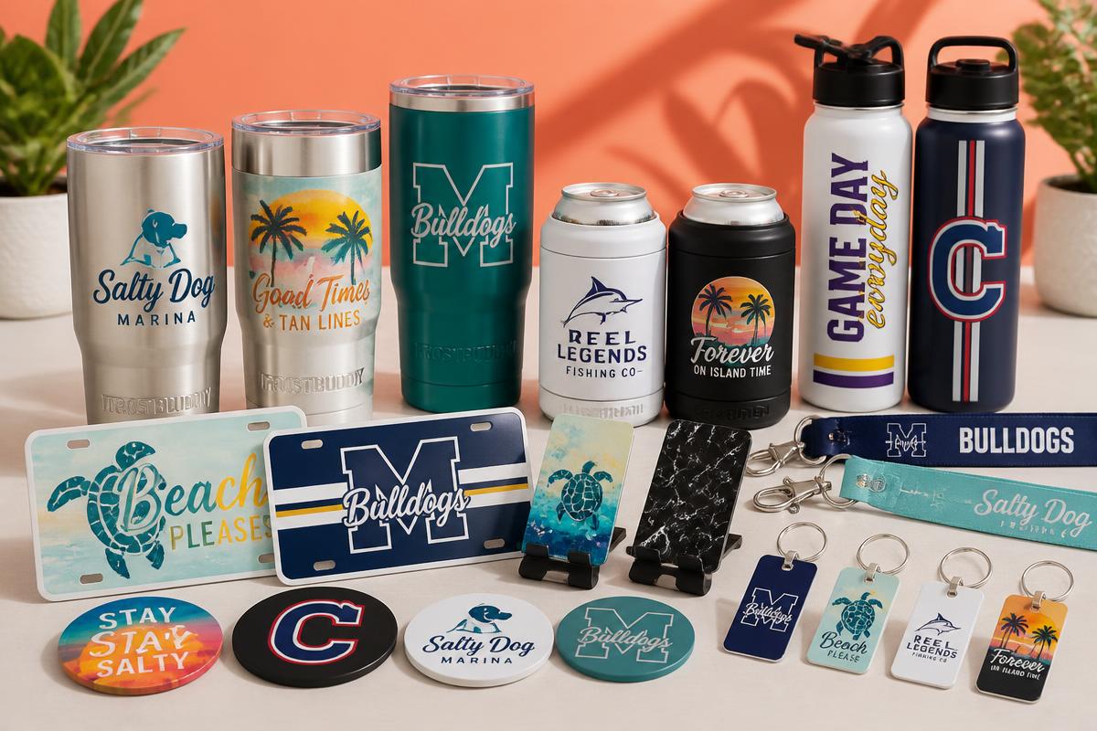 Custom UV-printed tumblers, Frost Buddies, license plates, coasters, keychains, and other branded hard-surface products